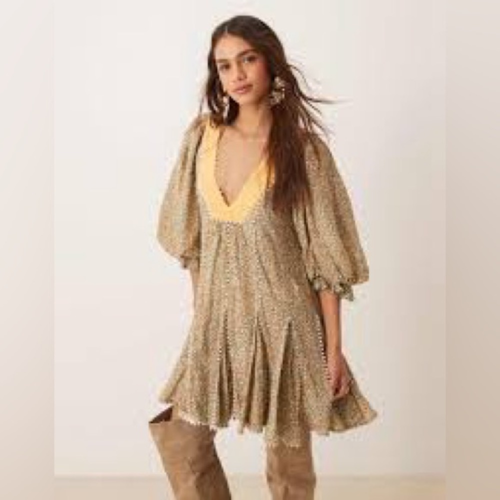 Women’s Floral Puff-Sleeve Mini Dress in Yellow Trim